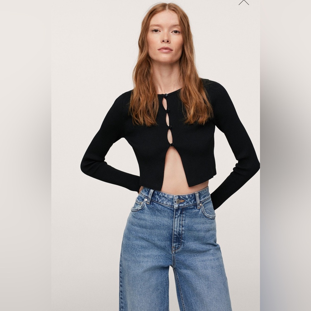 Mango Cropped Ribbed Black Cardigan- Size L